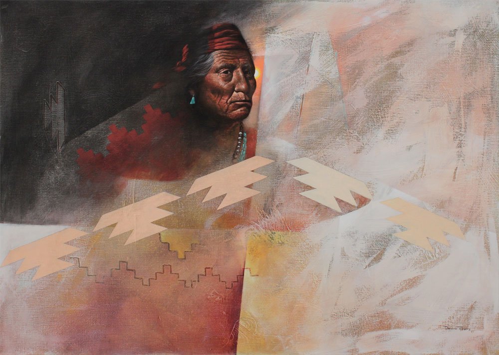 DAVID JOHNS SURREAL INDIAN PAINTING: JOHNS, David, (American, 1948- ): Surreal Composition with Indian Chief as Focal Point, Oil/Canvas, 30" x 42", signed lower right, framed, 31" x 43.