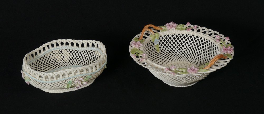 2 IRISH BELLEEK PORCELAIN BASKETS: 2 BELLEEK PORCELAIN BASKETS: Wedding Bouquet basket (3" x 8 1/2"), and an oval basket (2 1/2" x 6 3/4" x 5").