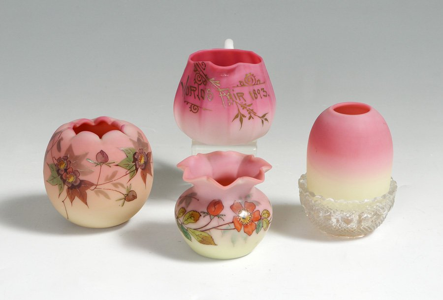 4 PIECE BURMESE GLASS COLLECTION: 4 PIECE BURMESE GLASS COLLECTION: 4 piece assembled collection to include 1) Miniature fairy lamp with pressed glass base marked S. Clark Fairy Pyramid, overall 3 3/4" h. x 2 3/4". 2) Thomas Webb mini