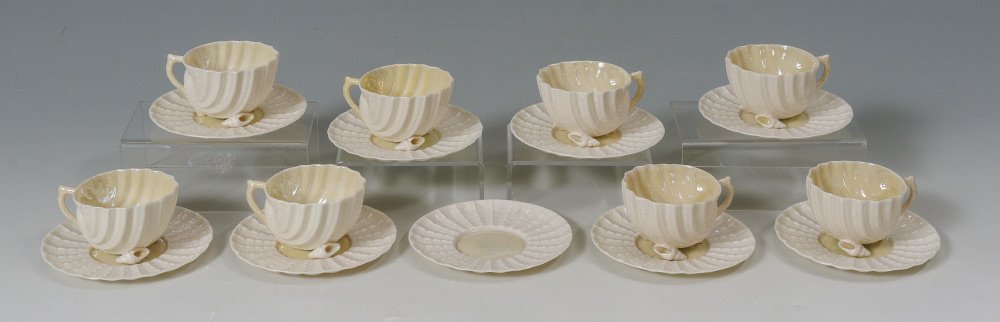SET OF 8 IRISH BELLEEK NEPTUNE DEMI CUPS & SAUCERS: IRISH BELLEEK PORCELAIN NEPTUNE DEMI-TASS CUPS AND SAUCERS: Set of 8, green mark. Saucer measures 4 1/4".