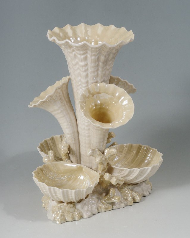 IRISH BELLEEK MARINE VASE BLACK MARK: IRISH BELLEEK PORCELAIN MARINE VASE: Black mark Ca. 1926-1946. Epergne type vase in a marine life motif. Measures 11" tall x 9".