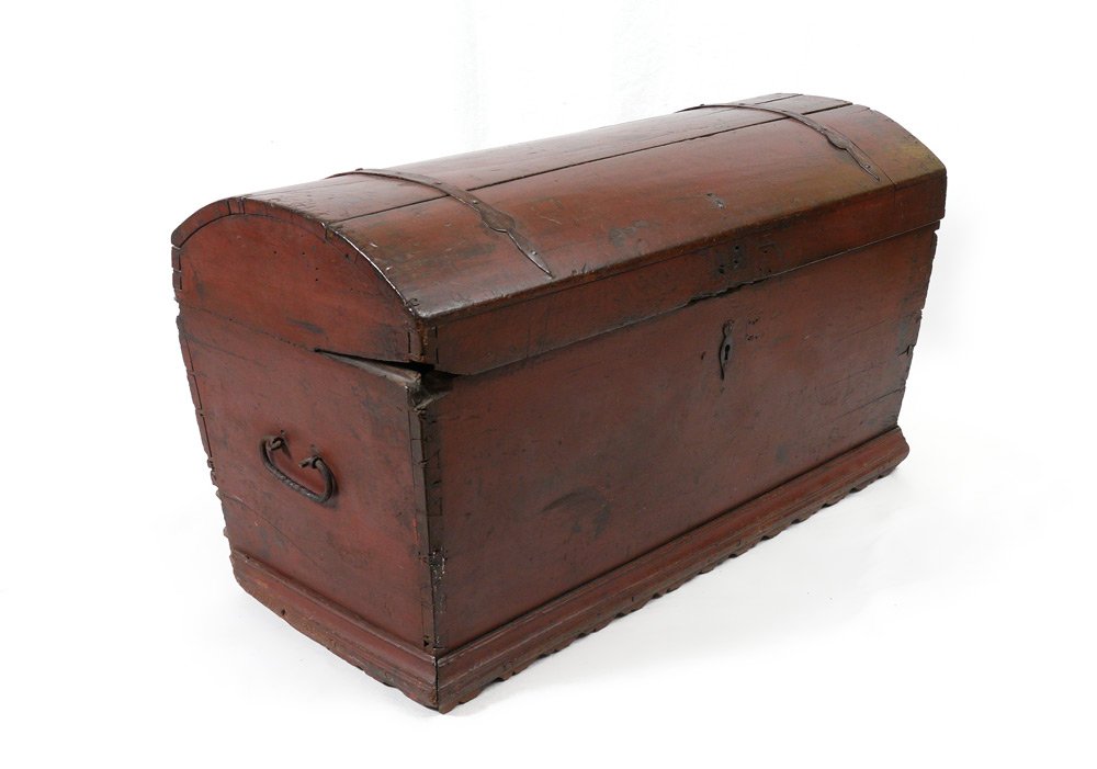 18TH CENTURY DOMED BLANKET CHEST: 18TH CENTURY DOMED BLANKET CHEST: Red paint decorated, hinged domed lid, iron straps and hardware. 24 3/4" h. x 43 1/2" x 21 1/2".