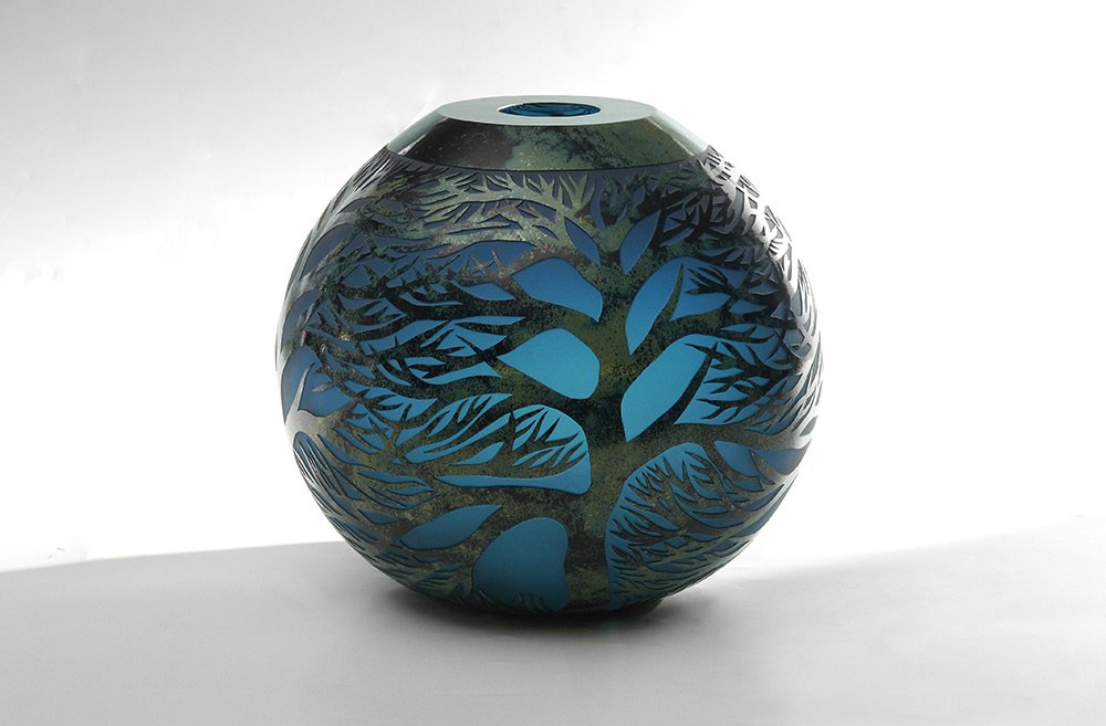 DUNCAN MCCLELLAN ART GLASS VASE: MCCLELLAN, Duncan, (American, 1955-): Mottled green foliate motif studio art glass vase, signed on base. 9 3/4" h. x 11"