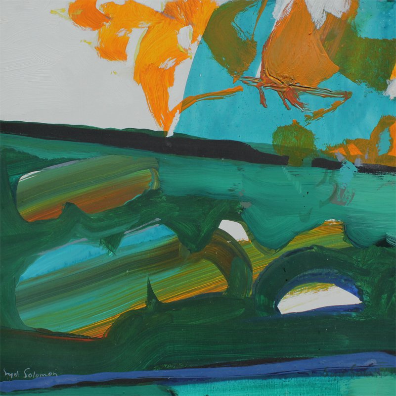 SYD SOLOMON CHANNEL DANCE PAINTING: SOLOMON, Syd, (American, 1917-2004): "Channel Dance", Oil/Acrylic/Panel, 18" x 17 1/2", signed lower left and lower right, titled and dated '70 verso, framed, 20 1/2" x 20 1/2". Trend House Gallery re