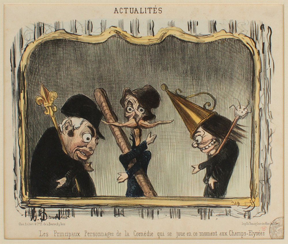 DAUMIER LITHOGRAPH FOR ACTUALITES 1851: DAUMIER, Honore, (French, 1808-1879): "Les Principaux Personnages de la Comedie qui se joue en ce moment aux Champs-Elysees" for "Actualites", Colored Lithograph, sight size 9 3/4" x 12", framed 17 1/