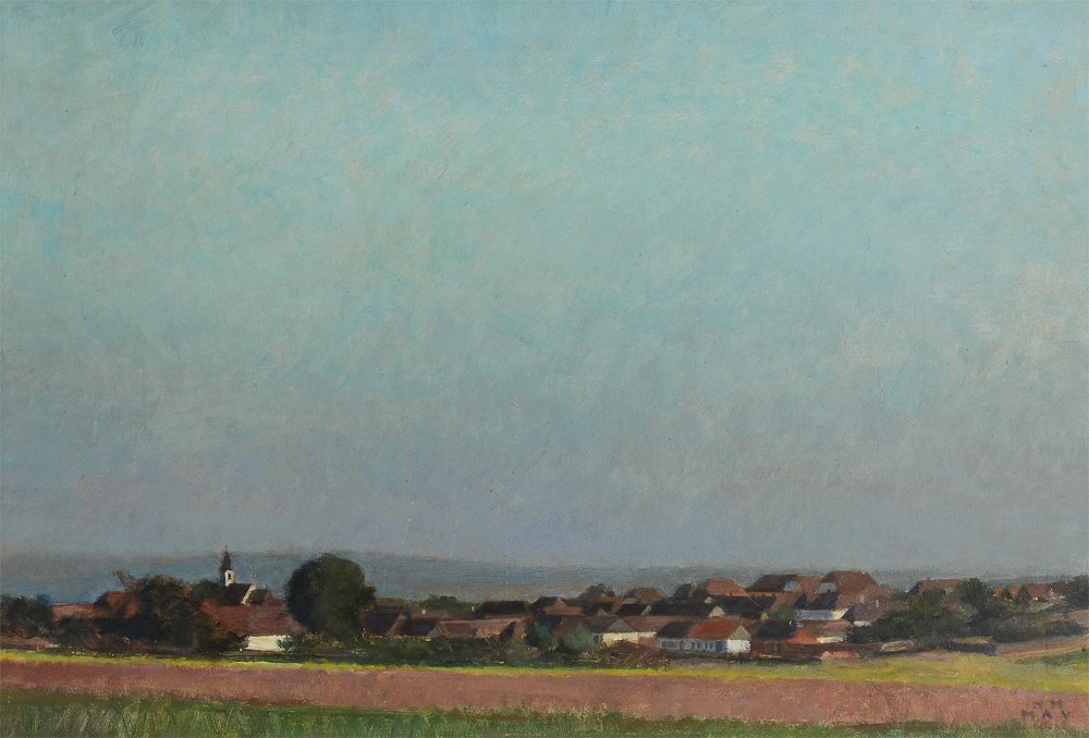 H.M. MAY CANADIAN VILLAGE PAINTING: MAY, Henrietta Mabel, (Canadian, 1884-1971): Pastoral Landscape with Village in the Distance, Oil/Masonite, 15 3/4 x 23", signed lower right, framed, 21 1/4" x 28". From the Neil Isman Gallery collect