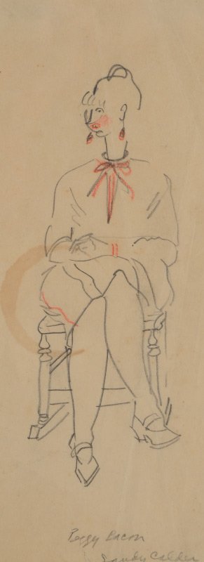 ALEXANDER "SANDY" CALDER DRAWING PEGGY BACON: CALDER, Alexander, (American, 1898-1976): Portrait of Artist Peggy Bacon, (former wife of Alexander Brook), Pencil and Colored Pencil Drawing, 11" x 4 1/8", signed Sandy Calder and titled "Peggy Bacon