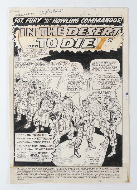 1966 SGT. NICK FURY COMIC BOOK CARTOON ART: 1966 SGT. NICK FURY ORIGINAL COMIC BOOK CARTOON ART: Original title page for Vol. 1, No. 37 for Marvel Comics "Sgt. Fury and his Howling Commandos". Editor Stan Lee, Scripter Roy Thomas, Artist Dick A