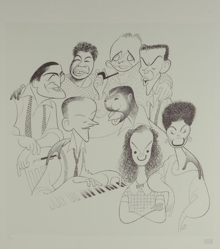AL HIRSCHFELD LITHOGRAPH AMERICAN POPULAR SONG: HIRSCHFELD, Al, (American, 1903-2003): Al Hirschfeld's American Popular Song: Great American Singers, depicting Tony Bennett, Ella Fitzgerald, Bing Crosby, Frank Sinatra, Lena Horne, Judy Garland, Nat