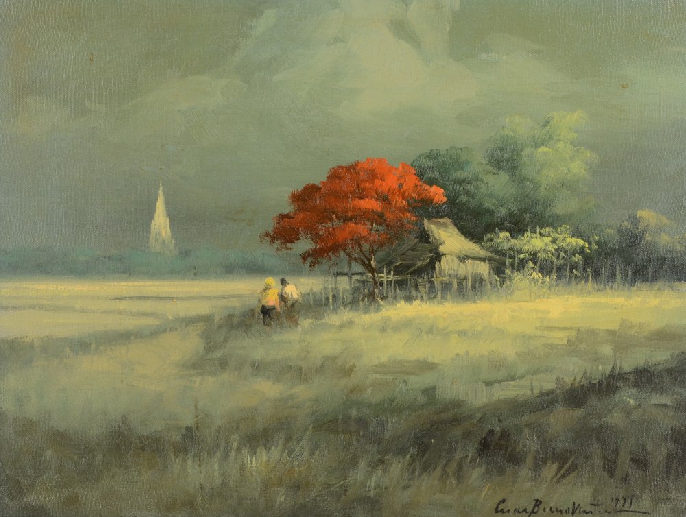 CESAR BUENAVENTURA PAINTING LANDSCAPE WITH RIVER: BUENAVENTURA, Cesar, (Filipino, 1919-1983): Riverside Landscape with Figures, Oil/Canvas, 14" x 18", signed lower right and dated 1971, carved wood frame, 18" x 22".