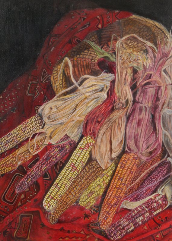 M.A. STROLLA DRAWING OF INDIAN CORN: M.A. STROLLA DRAWING OF INDIAN CORN: Colored pencil, sight size 19" x 13 3/4", signed lower left and dated '91, framed, 28" x 24".