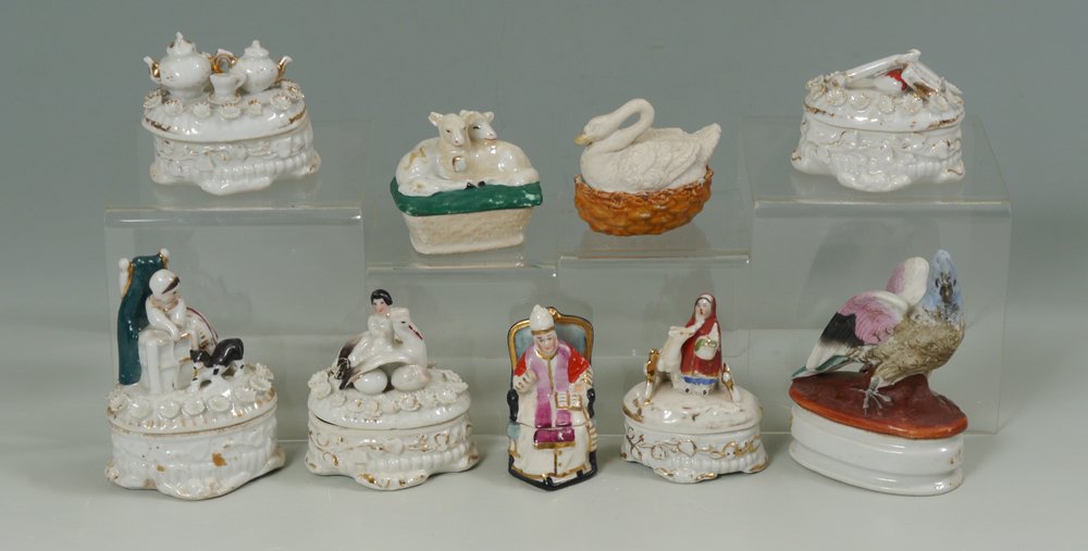 GROUP OF 9 FAIRING CHINA SOUVENIR BOXES: GROUP OF 9 FAIRING BOXES: China souvenir trinket boxes from the 2" swan to the 4" bird. Includes the swan basket, Bishop, lambs and tea table.