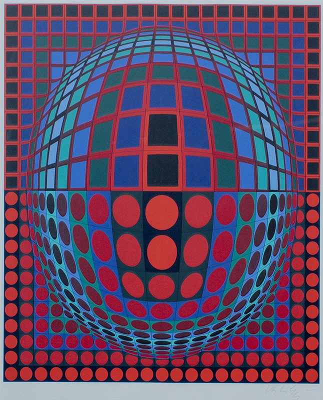 VICTOR VASARELY OP-ART SERIGRAPH: VICTOR VASARELY OP-ART SERIGRAPH: Spheres and Squares, Serigraph, sight size 25 1/2" x 18 3/4", pencil signed lower right, numbered lower left 3/125, matching metal frame, 21 1/2" x 26".