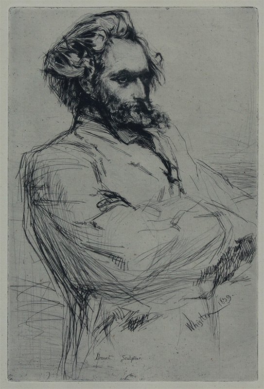 WHISTLER ETCHING OF DROUET: WHISTLER, James Macneil, (American, 1834-1903): Portrait of Drouet, Etching, sight size 10" x 7", framed, 23 1/2" x 18", Buffalo Fine Arts Academy, Allbright Art Gallery label verso