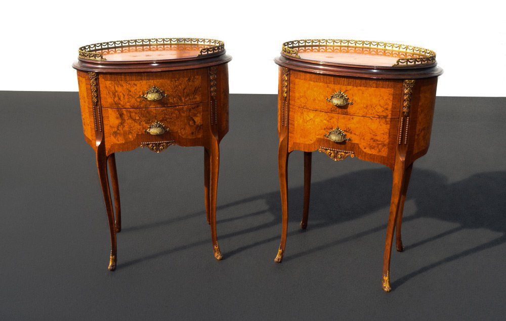 PAIR OF FRENCH STYLE 2 DRAWER NIGHTSTANDS: PAIR OF FRENCH STYLE 2 DRAWER NIGHTSTANDS: Burl veneer, top with open work ormolu gallery over 2 drawers, carved and shaped legs. Overall measures 29" h. x 20 1/2" x 14".