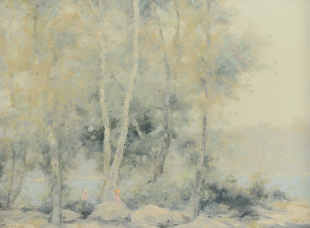 ANDRE GISSON PAINTING FIGURES BY RIVER: GISSON, Andre, (American, 1921-2003): Figures by a River, Oil/Canvas, signed lower right, distressed gilded and painted gesso frame, 16 3/4" x 20 3/4".