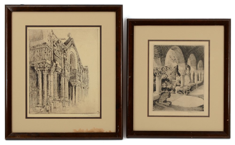 2 ANTHONY THIEME ETCHINGS: THIEME, Anthony, (American, 1888-1954): 2 Etchings, 1) Gardner Museum Portico, Boston, MA, lions supporting columns, sight size 10" x 8", framed, 16" x 14"; 2) Elaborate Sculpted Church Facade, sight