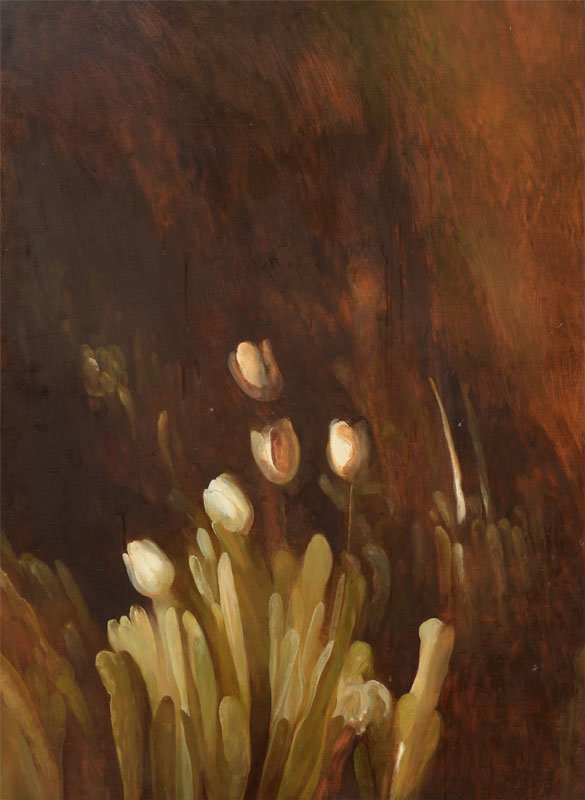 KORTEBEIN IMPRESSIONIST FLOWERS PAINTING: KORTEBEIN, Heather Preston, (American, 1932-): "Late March" Still Life of Tulips, Oil/Masonite, 48" x 36", exhibition label affixed verso, framed, 49" x 37". Preston Heather Kortebein was born in 1932