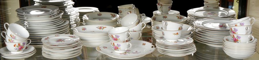 KYOTO & CZECH DRESDEN PATTERN CHINA 56 PC: DRESDEN PATTERN CHINA: Approx. 56 pieces in combined makers, Czech Pirkin Hammer and Kyoto. To include 17 dinner plates (10"), 8 salad plates, 17 bread plates, 10 soup bowls, 7 dessert bowls, 3 saucer