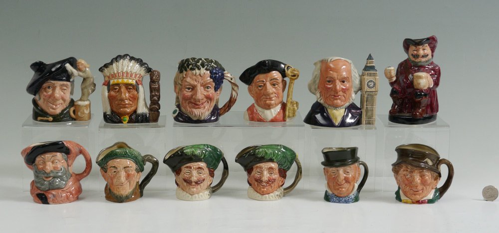 ROYAL DOULTON 11 Character Jugs 1 Toby Mug: ROYAL DOULTON CHARACTER JUGS and a TOBY MUG: 12 piece to include, Tam o'Shanter D6636, North American Indian D6614, Bacchus D6505 4"h, Gaoler D6577, John Doulton D6656, Falstaff Toby Mug, Falstaff D63