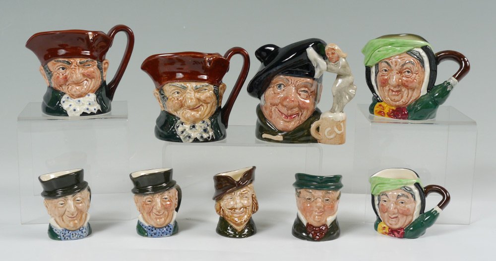 ROYAL DOULTON CHARACTER JUGS 4 MED 5 SMALL: 9 ROYAL DOULTON CHARACTER JUGS: To include, 4 medium size approx. 4"h. - Old Charley D5527, Old Charley with A mark, Tam o'Shanter D6636, and Sairey Gamp D5528. 5 small size approx. 2.25"h. - 2 Micaub