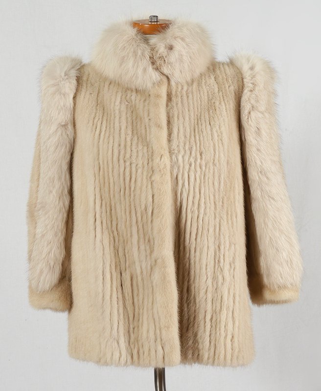 BLOND MINK JACKET WITH FOX FUR COLLAR: BLOND MINK JACKET WITH FOX FUR COLLAR: Fox fur runs the length of the sleeves. Measures approx. 29" cuff to hem, 22" shoulder to cuff and 18" shoulder to shoulder.