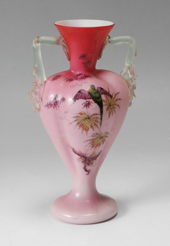 VICTORIAN ART GLASS PEACH BLOW VASE: VICTORIAN ART GLASS VASE: Enameled decoration on Peach Blow glass with satin glass handles. Attrib. Smith Bros., possibly Mt. Washington. Approx. 11" tall x 6" overall.