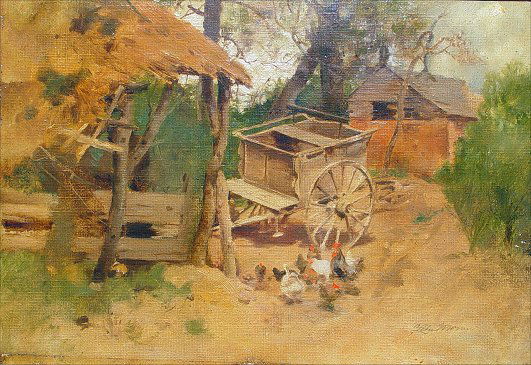 JOHN LEON MORAN CHICKEN PAINTING: MORAN, John Leon, (American, 1864-1941): ''Sketch from Nature'', barnyard scene with chickens and cart, O/CB, 6 3/4'' x 10'', signed lower right, titled verso in pencil, George Romney & Co stamp verso
