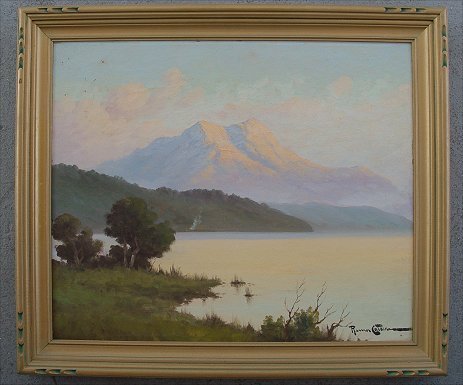 RAMOS CATALAN LAKESIDE O/C PAINTING: CATALAN, Ramos, (Chilean, 19th/20th C): ''Logo Lofgren'', O/C, 19 1/2'' x 24'', signed lower right, encased in period carved frame, 23 1/2'' x 27 1/2'' with minor wear. Condition - There are several p