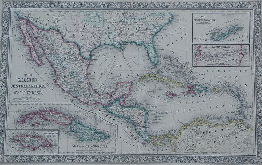 19TH CENTURY MAP BY WILLIAMS: MAP OF MEXICO, CENTRAL AMERICA AND THE WEST INDIES: Constructed and engraved by W. Williams of Philadelphia, dated 1860, hand colored, sight size 13 1/4 " x 21 1/4". Quite possibly a 20th century repr