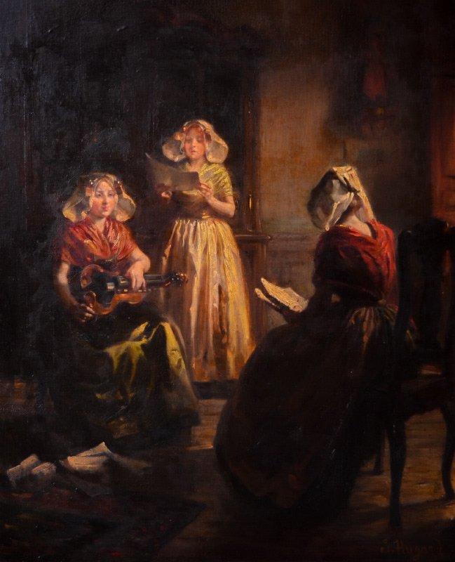 PAINTING OF 3 GIRLS SIGNED J HOGARD: HUGARD, Claude Sebastien, (French, 1818-1886): Practice for the Recital, Oil/Canvas, 39 1/2" x 32", signed lower right, encased in elaborate gilded and pierce carved shell and foliate motif period fra