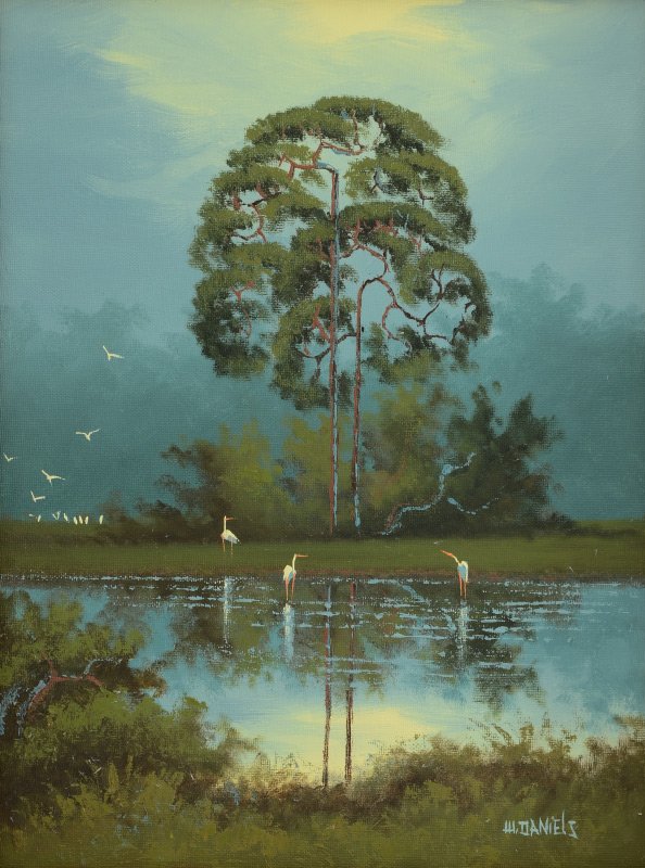 WILLIE DANIELS FLORIDA HIGHWAYMEN PAINTING: DANIELS, Willie, (American, 20th Century): Florida Highwaymen Everglades backwater scene with trees and birds, Oil/Canvasboard, 16'' x 12'', signed lower left, framed 20 3/4'' x 16 3/4''.