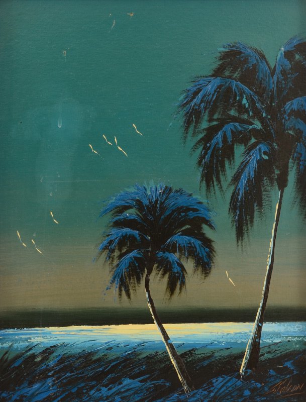 JAMES GIBSON FLORIDA HIGHWAYMEN PAINTING: GIBSON, James, (American, 20th Century): Florida Highwaymen Indian River 2 moonlight palm trees with birds, Oil/Upson, 24'' x 18'', signed lower right, framed 25 1/2'' x 20''.