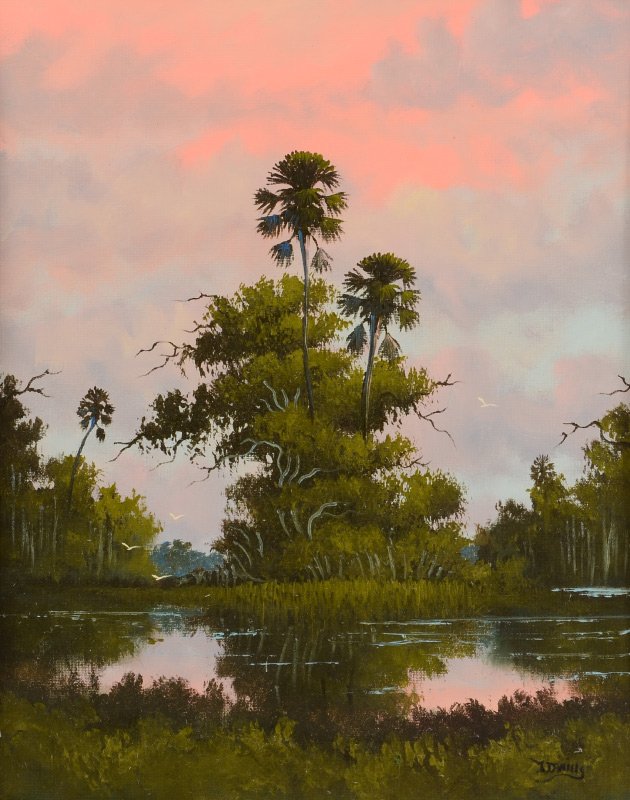 JOHNNY DANIELS FLORIDA HIGHWAYMEN PAINTING: DANIELS, Johnny, (American, 20th Century): Florida Highwaymen backwater sunset sky scene with tree stands and birds, Oil/Canvasboard, 20'' x 16'', signed lower right, 22 1/2'' x 18 1/2''.