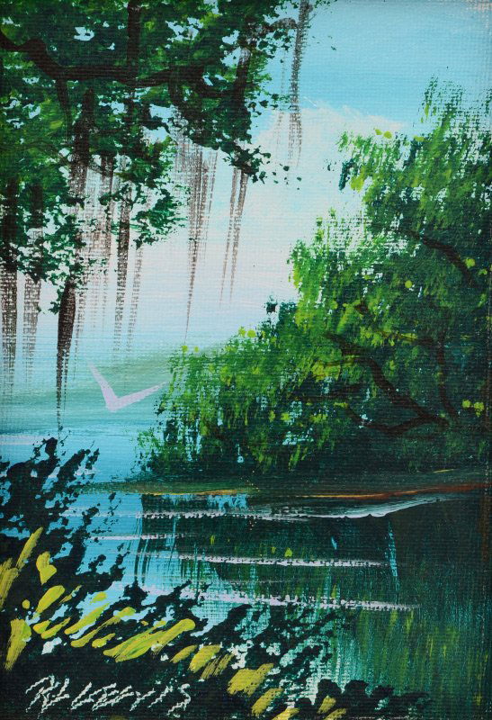 ROBERT LEWIS FLORIDA HIGHWAYMEN PAINTING: LEWIS, Robert L., (American, 20th Century): Florida Highwaymen backwaters scene with bird, Oil/Canvasboard, 5'' x 7'', signed lower left and verso, framed 9 3/4'' x 7 3/4''.