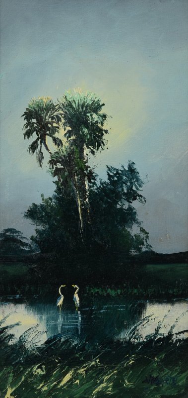 LIVINGSTON ROBERTS FLORIDA HIGHWAYMEN PAINTING: ROBERTS, Livingston, (American, 20th Century): Early Florida Highwaymen Moonlight Everglades scene, Oil/Upson, 24'' x 12'', signed lower right, framed 27 1/4'' x 15 1/2''.