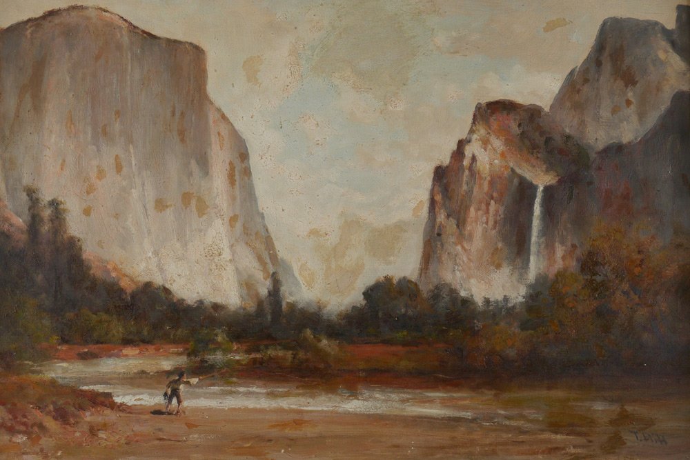 THOMAS HILL YOSEMITE FISHERMAN PAINTING: HILL, Thomas, (American, 1829-1908): Fly Fishing on the Merced, with Yosemite Valley, El Capitan and Bridalveil Falls in the Background, Oil/Canvas, 16" x 23 1/2", signed lower right, gold gilt frame