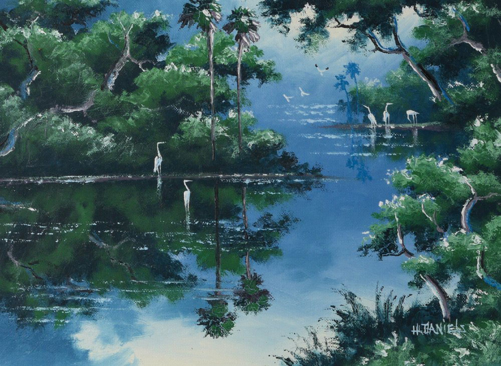 WILLIE DANIELS FLORIDA HIGHWAYMEN PAINTING: DANIELS, Willie, (American, 20th Century): Florida Highwaymen moonlit backwaters scene, Oil/Board, 12'' x 16'', signed lower right, framed 13 1/2'' x 17 1/2''.