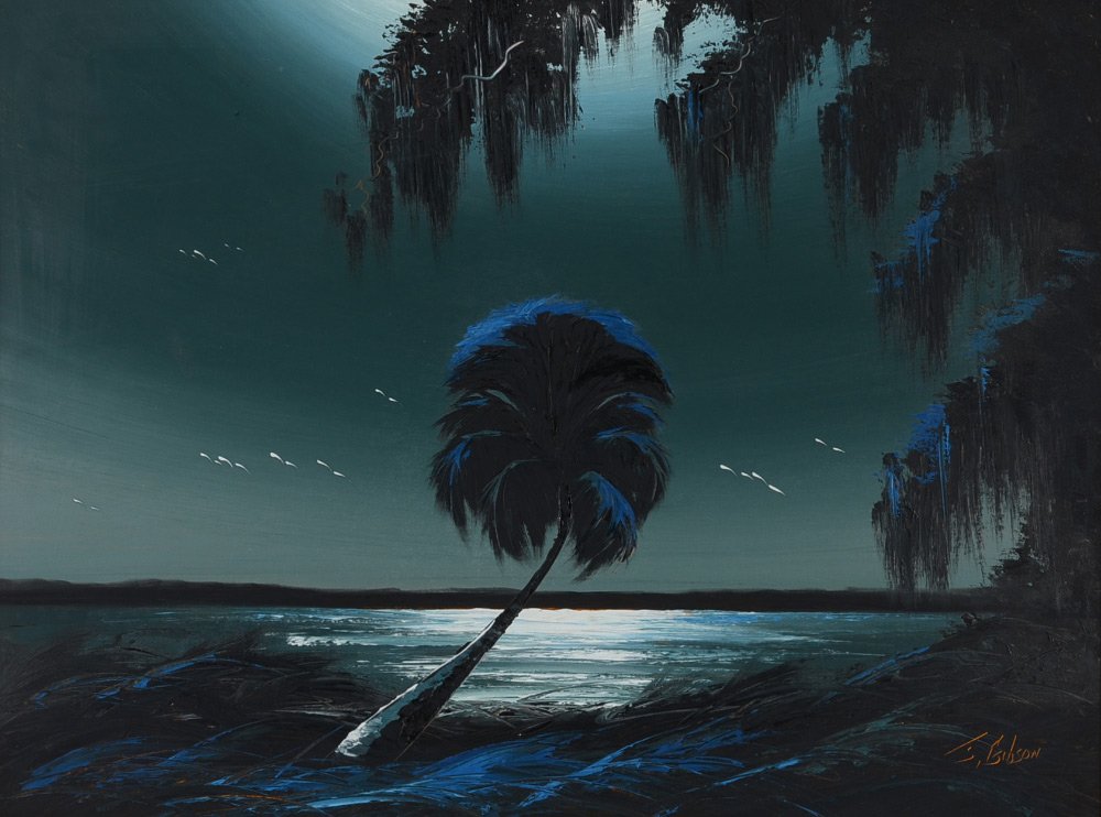 JAMES GIBSON FLORIDA HIGHWAYMEN PAINTING UPSON: GIBSON, James, (American, 20th Century): Early Florida Highwaymen blue moon Indian River scene with single palm, Oil/Upson, 24'' x 30'', signed lower right, framed 25 1/2'' x 32 1/4''.