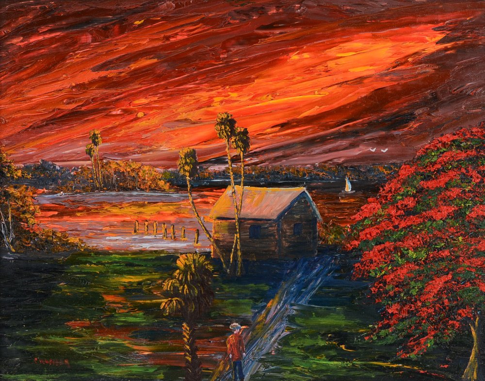 CHICO WHEELER FLORIDA HIGHWAYMEN PAINTING: WHEELER, Chico, (American, 20th Century): Florida Highwaymen fiery Indian River sunset with figure, boat house and dock, Poinciana, Oil/Masonite, 14'' x 18'', singed lower left, dated 2013 on back, fr