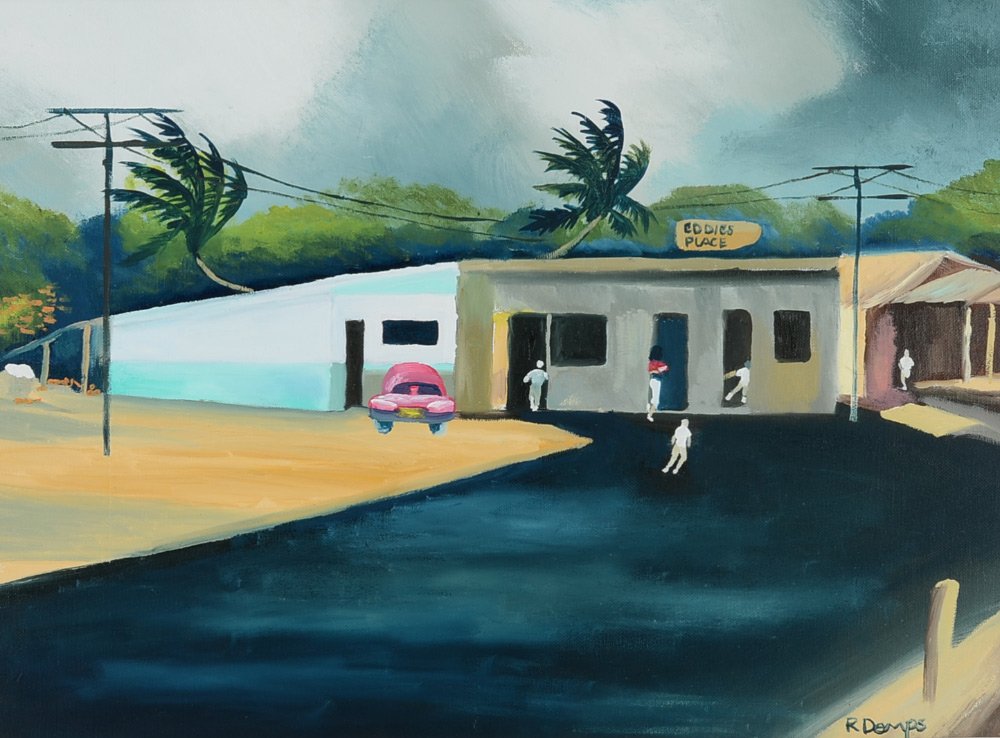 RODNEY DEMPS FLORIDA HIGHWAYMEN PAINTING: DEMPS, Rodney, (American, 20th Century): Florida Highwaymen "Eddies Place", depicts the location of famed Highwaymen Alfred Hair's murder, Oil/Canvas, 18" x 24", signed lower right, framed 23" x 29".