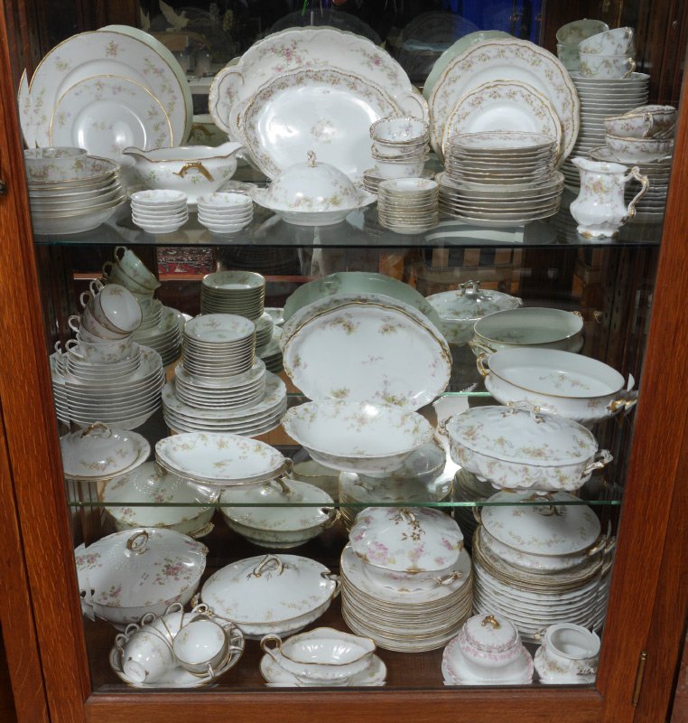FRENCH HAVILAND LIMOGES FINE CHINA: FRENCH HAVILAND LIMOGES FINE CHINA: Early 1900's Haviland. An accumulated, approx. 193 piece, collection in three rose decorated patterns to include 27 dinner plates (9 1/2''), 13 salad plates (7 1/2-
