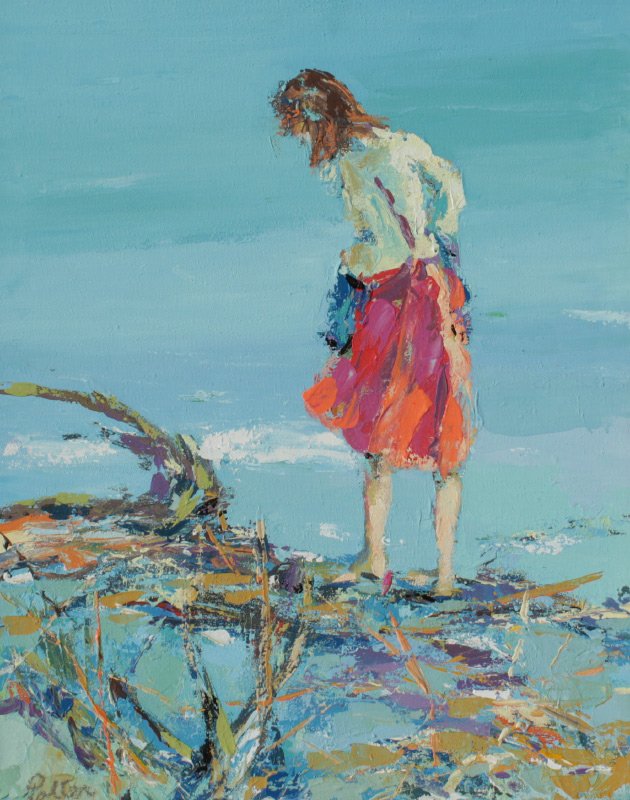 KURT POLTER PAINTING GIRL ON BEACH: POLTER, Kurt, (American, 20th Century): ''Shelling'', depiction of a girl on shore, Oil/Canvas, signed lower left, 30'' x 24'', gilt mold frame. Provenance - Oehlschlaeger Gallery, Sarasota, 1975.