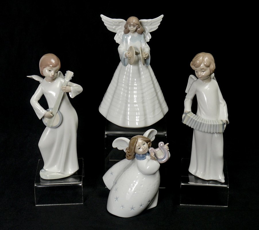 LLADRO PORCELAIN ANGELS 5876 & 6528 plus 2 NAO: LLADRO PORCELAIN FIGURES: Angels to include, ANGELIC CYMBALIST #5876, Francisco Catala sculptor, issued and retired 1992, 7''h.; LITTLE ANGEL WITH LYRE #6528, Jose Puche sculptor, issued 1998 retired 