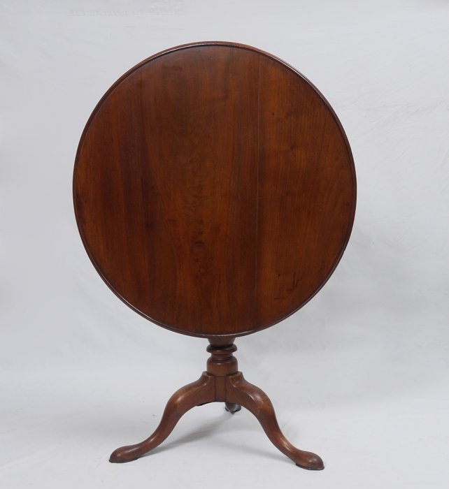 LATE 18TH CENTURY MAHOGANY TILT TOP BIRDCAGE TABLE: LATE 18TH CENTURY MAHOGANY TILT TOP BIRDCAGE TABLE: Fine pad foot table with circular three board top with molded edge, 31 1/2" in diameter, 28 1/4" h. when open, 46 1/4" h. when tilted.