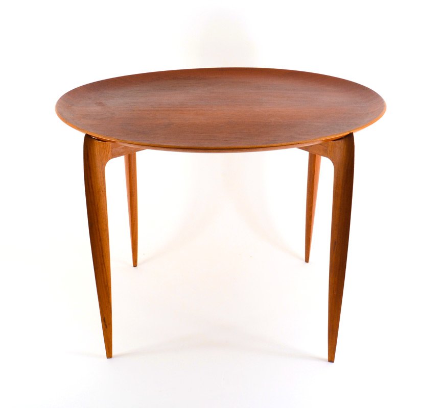 FRITZ HANSEN DANISH MODERN TRAY TABLE: TRAY TABLE BY H. ENGHOLM & SVEND AGE WILLUMSEN FOR RITZ HANSEN: Danish Modern circular tray on folding stand. Danish control button and FH stamp. Measures approx. 23 1/2" dia. x 17" high.