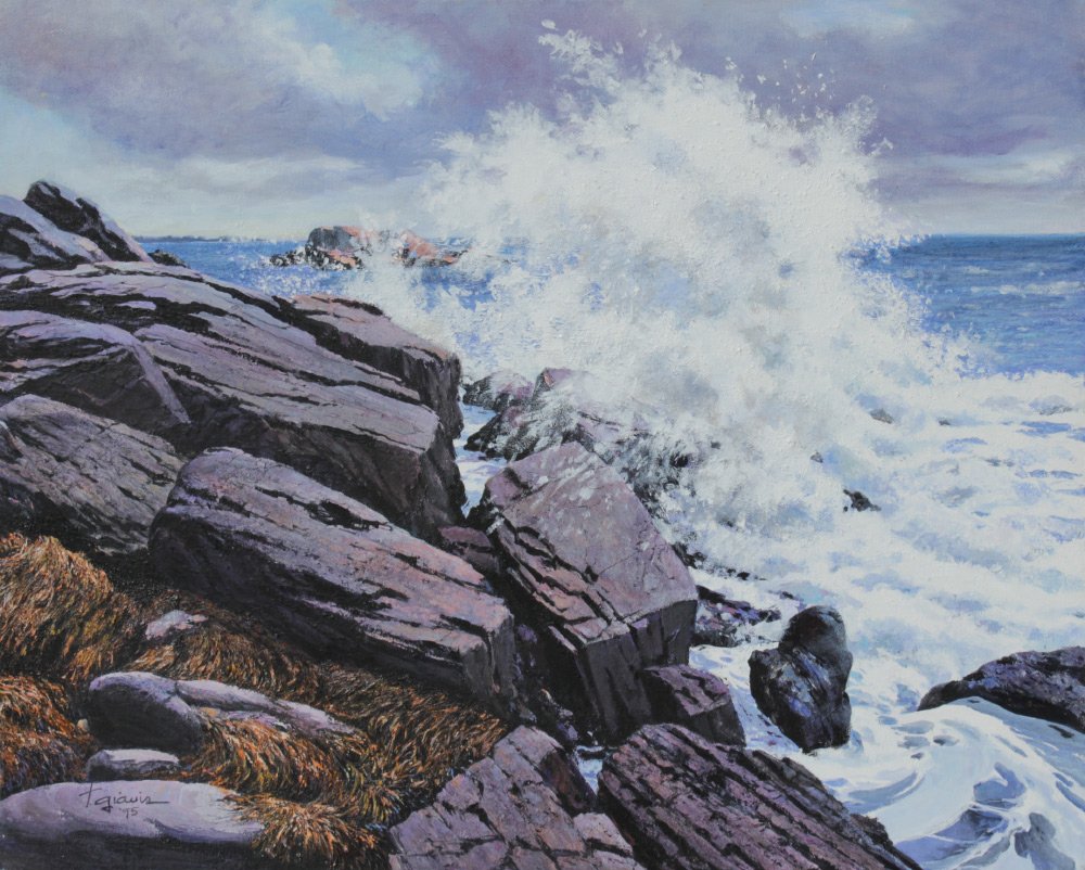 TED GIAVIS RYE NEW HAMPSHIRE COASTAL PAINTING: GIAVIS, Ted, (American, 1920-2008): Breaking Waves, Rye, Oil/Canvas, 24" x 30", signed lower left, dated '95, painted frame, 26" x 32".