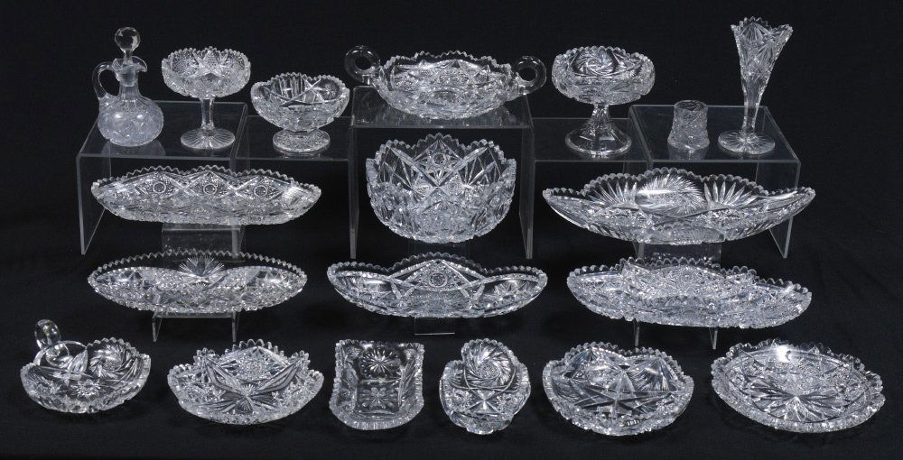 19 pc AMERICAN BRILLIANT CUT GLASS: AMERICAN BRILLIANT CUT GLASS: Approx. 19 pieces to include 5 celery trays, the largest being 14", toothpick holder, berry bowl, nappies, compotes, cruet and low bowls.