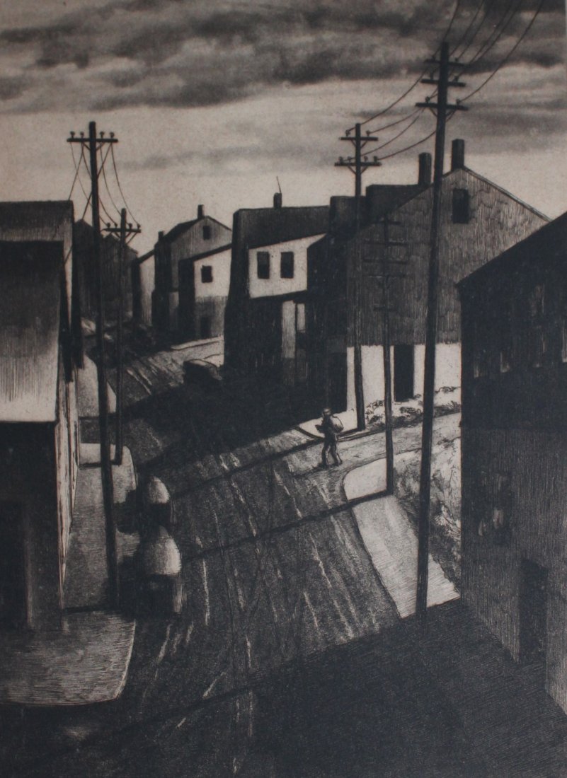 S.L. MARGOLIES LONE TRAVELER ETCHING: MARGOLIES, Samuel, (American, 1897-1974): "Lone Traveler", Etching, size with margins 13 1/4" x 11 1/4", pencil signed lower right, titled lower left, framed, 15 1/2" x 13".