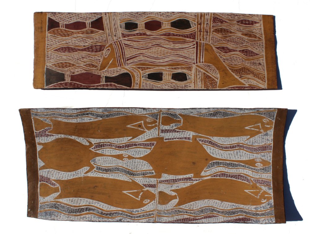 2 PIECE ABORIGINAL TREE BARK PAINTINGS YIRRKALA: 2 PIECE ABORIGINAL TREE BARK PAINTINGS YIRRKALA: Arnhem Land, 1) Turtles and Fish, 10" x 24", marked verso, 2) Fish, 7" x 22 1/4", marked verso.